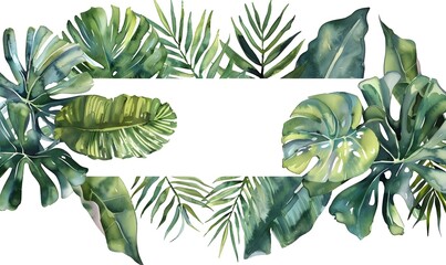 Watercolor banner tropical leaves and branches isolated, Generative AI 