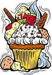 Sweet tasty dessert cupcake with cream and deco for morning breakfast in café or restaurant. Mini birthday cake for pleasure. Hand drawn retro vintage colorful vector illustration. Old style drawing.