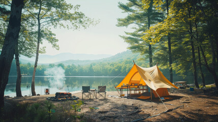 A serene camping setup by a lake with a tent, chairs, campfire, and tranquil forest surroundings, exuding peacefulness.