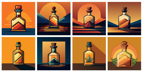 Vibrant and contemporary mexican cultural celebration themed tequila bottle illustration set with warm colors and sunset hills landscape backdrop