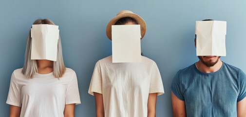 Three people stand side by side with blank papers covering their faces against a blue background, anonymity concept.