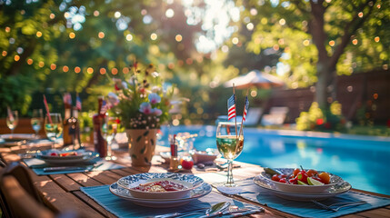 A dining table decorated with flowers is traditionally set near the pool. It is served with beautiful porcelain dishes and glasses. The concept of celebrating U.S. Independence Day on July 4th