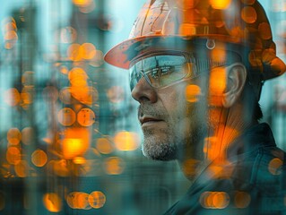A man wearing a hard hat and safety glasses is looking at the camera. The image is blurry and has a dreamy, surreal quality to it