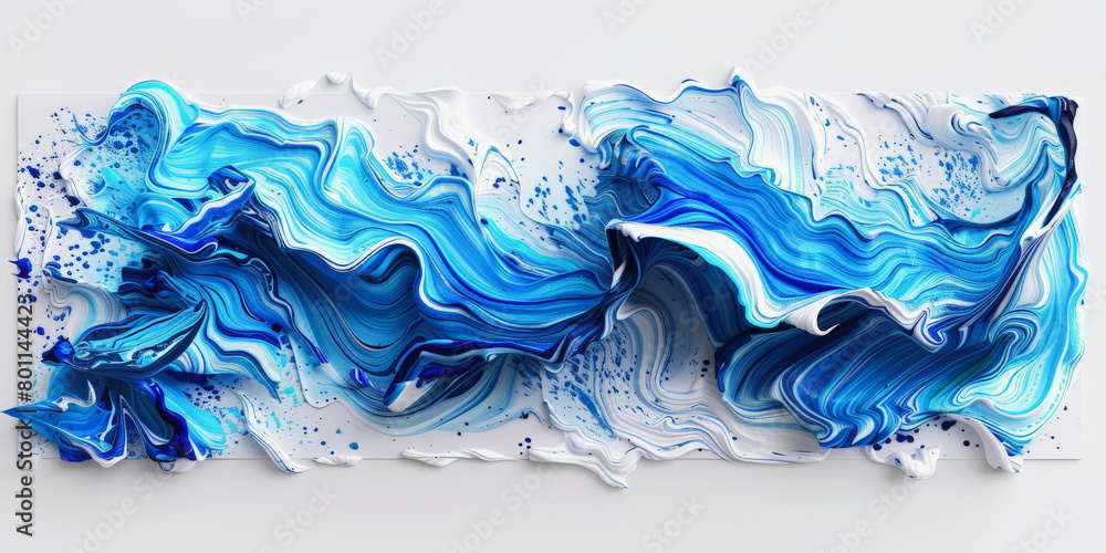 Poster abstract art piece with swirling blue and white patterns resembling a fluid, dynamic ocean wave capt