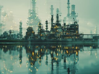 Fototapeta premium A large industrial plant is reflected in a body of water. The image has a moody, almost eerie atmosphere, as the lights from the plant create a sense of unease