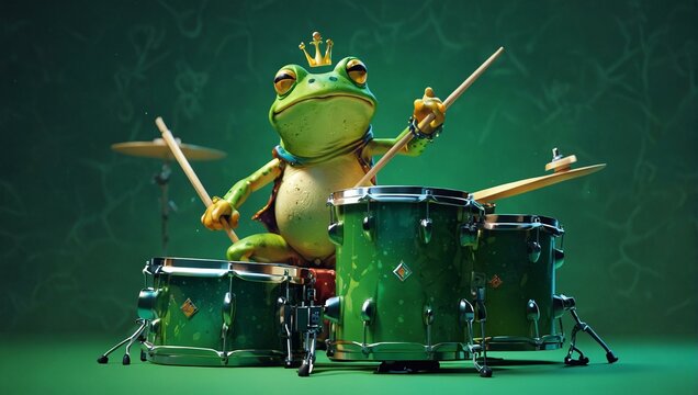 A comical green frog playing a drum set on a green stage, exuding a sense of rhythm and fun in a whimsical setup