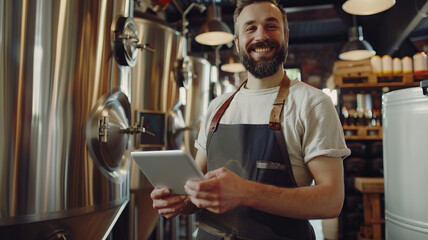Brewmaster Happy man in apron hold tablet computer on background Craft Beer Production at Brewery with tank. Man looking at camera
