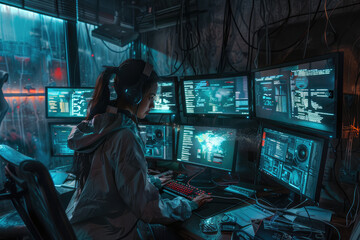 Female Bad Actor hacker making a Cyber Attack from a dingy space with lots of monitors