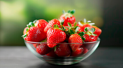 Red fresh strawberries in a transparent bowl.