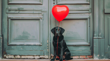 Cute Labrador dog with balloon sitting near door. 