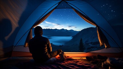 A photograph of a camper gazing at the starry night sky from inside a cozy tent, emphasizing the connection between humans and the vastness of the cosmos during camping