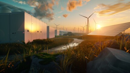 modern battery energy storage system with wind turbines and solar panel power plants in background 