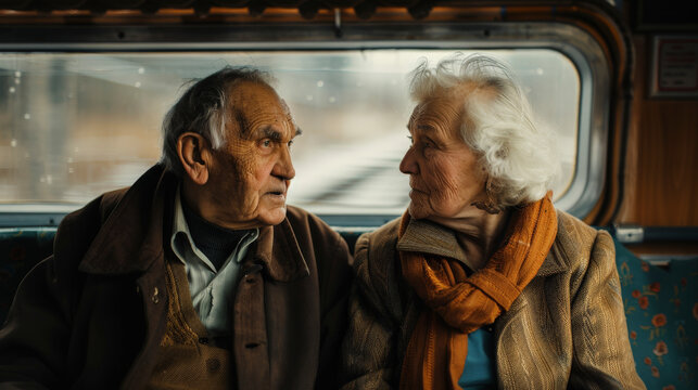Elderly couple sitting close, looking at each other with affection, inside a vintage train carriage with patterned seats.
