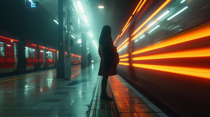 A woman waits on a dimly lit subway platform as a train blurs past, creating streaks of red and white light.
