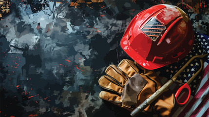 Hardhat with gloves pliers and USA flag on black