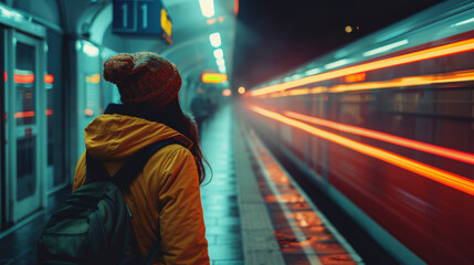 Obraz premium A person in a yellow jacket and beanie standing on a platform as a blur of a train passes by.
