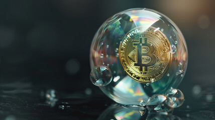 Economic fraud concept. Gleaming Bitcoin Encased in Transparent Bubble on Reflective Surface.
