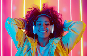 Fototapeta premium Portrait of happy modern young woman listening to music with headphones on neon colors background