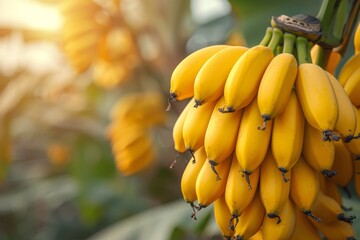 Naklejka premium Banana Tree with Fruit: Cluster of bananas hanging from the tree. 