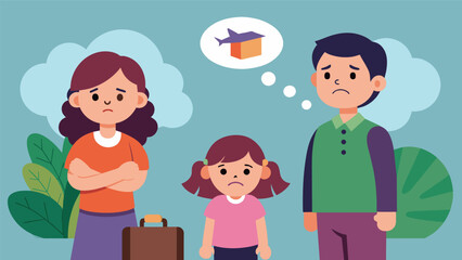 A child looks dejected as their parents explain that they can no longer afford to take family vacations due to inflation instead opting for a