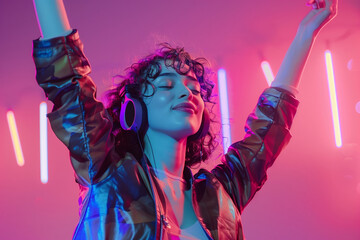 Portrait of happy modern young woman listening to music with headphones on neon colors background