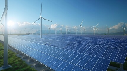 an array of polycrystalline silicon solar panels and wind turbines generating electricity in hybrid power plant systems