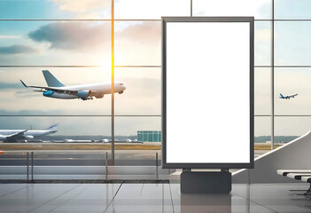 mock up ad frame. airport terminal lounge blank mockup billboard stand and flying airplane on blue sky background. empty white display on the corridor of terminal. advertising poster for advertisement