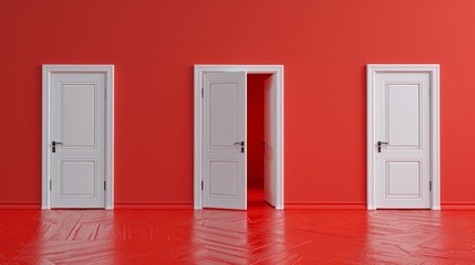 A Series of White Doors on a Colored Wall with a Reflective Floor in the Foreground Representing Choice and Future Opportunity