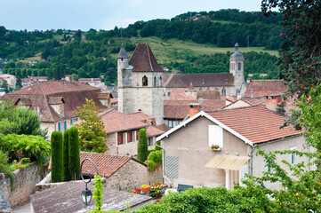 Rooftops, churches and houses in Figeac, Lot, France