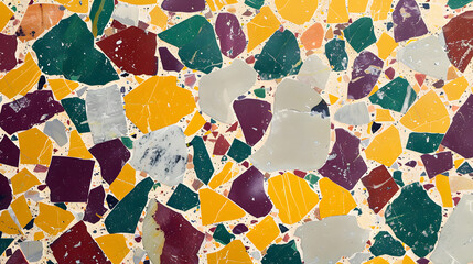 Yellow, green, red and purple terrazzo marble tile background. Generative AI.