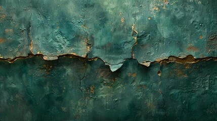  green and gold hues dominate, contrasting with peeling paint - obrazy, fototapety, plakaty