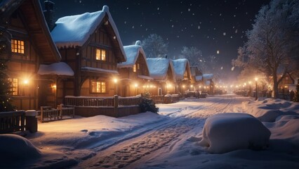 Winter Wonderland Village Night Scene Snow Covered Houses and Twinkling Lights - Holiday Magic Artistic Winter Landscape