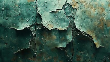   A tight shot of a green paint patch with water droplets on its surface and peeling paint edges