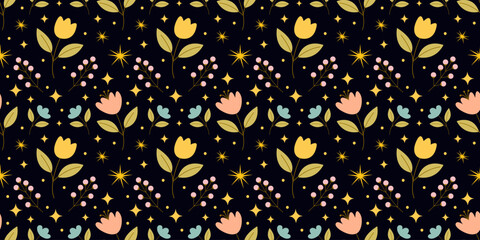 Cute seamless pattern stars and flowers. Design for nursery, textile, wrapping paper etc. Simple flat vector illustration.