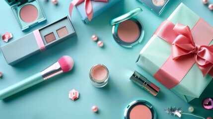 An image of makeup cosmetics and a gift box on a light blue background