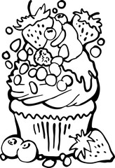 Sweet tasty dessert cupcake with cream and deco for morning breakfast in café or restaurant. Mini birthday cake for pleasure. Hand drawn retro vintage colorful vector illustration. Old style drawing.