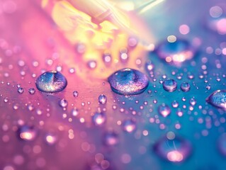 Close-up of colorful water droplets on a vibrant gradient surface, highlighting texture and light effects