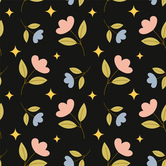 Seamless pattern with flowers and stars on a black background, retro design for wallpaper, wrapping paper, holidays background