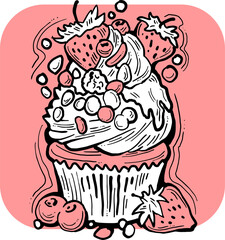 Sweet tasty dessert cupcake with cream and deco for morning breakfast in café or restaurant. Mini birthday cake for pleasure. Hand drawn retro vintage colorful vector illustration. Old style drawing.