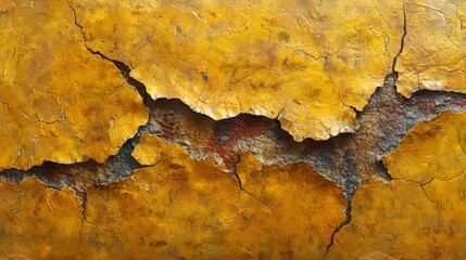   A painting featuring a yellow-brown expanse with a central crack, and a red dot at its heart