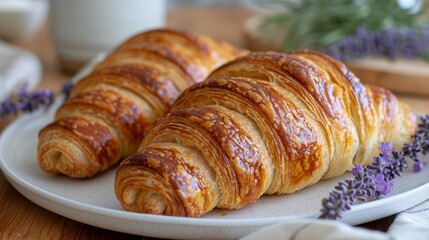   A couple of croissants atop a white plate, next to a steaming cup of coffee and a vase with lavender