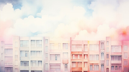 Multi-storey urban development in pink and blue clouds, background postcard in watercolor style