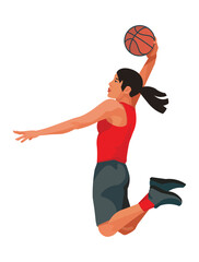 Asian women's basketball girl player in a red jersey in profile who jumps high to dunk the ball into the hoop