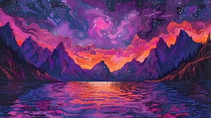 Purple and pink mountains and rivers illustration poster background