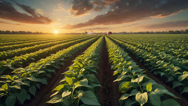 Soybean field with rows of green soya bean plants at sunset.Agricultural industry farm groving genetically modefided food on field.Generative AI