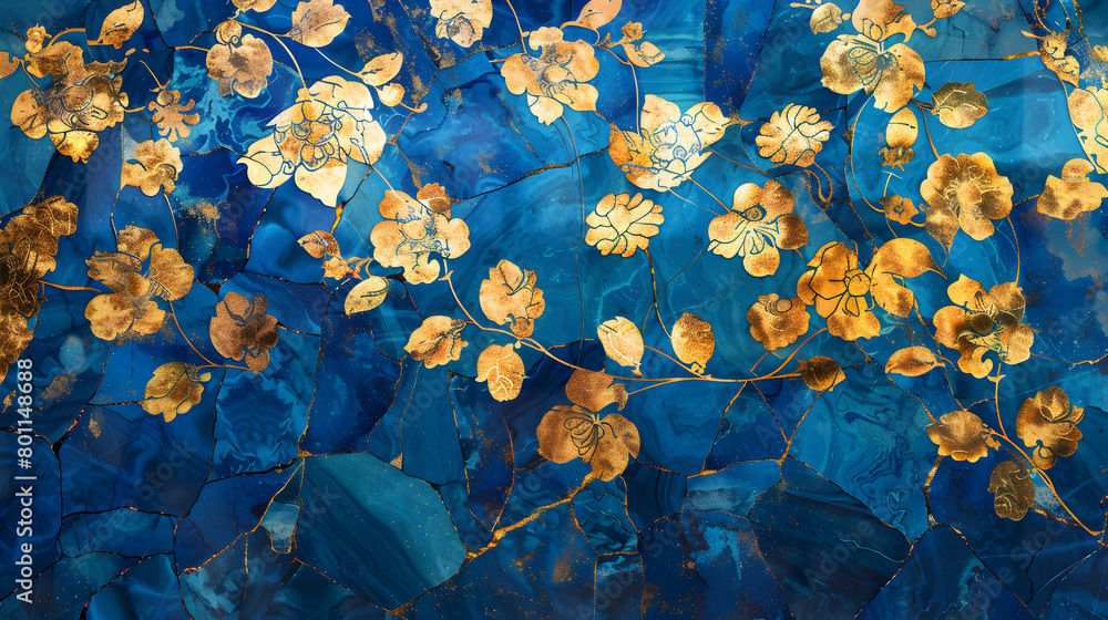 Wall mural blue gold floral Mosaic marble background. Generative AI.