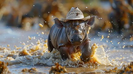   A hat-wearing hippo runs through the water - obrazy, fototapety, plakaty