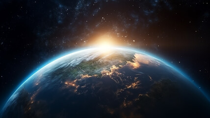 Naklejka premium Panoramic view of the planet from space, sunrise against a black starry sky