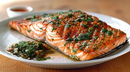   A salmon fillet on a plate, accompanied by a side of sauce and a separate small bowl for additional sauce