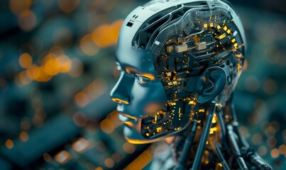 Futuristic Robot Analyzing Digital Data Streams


